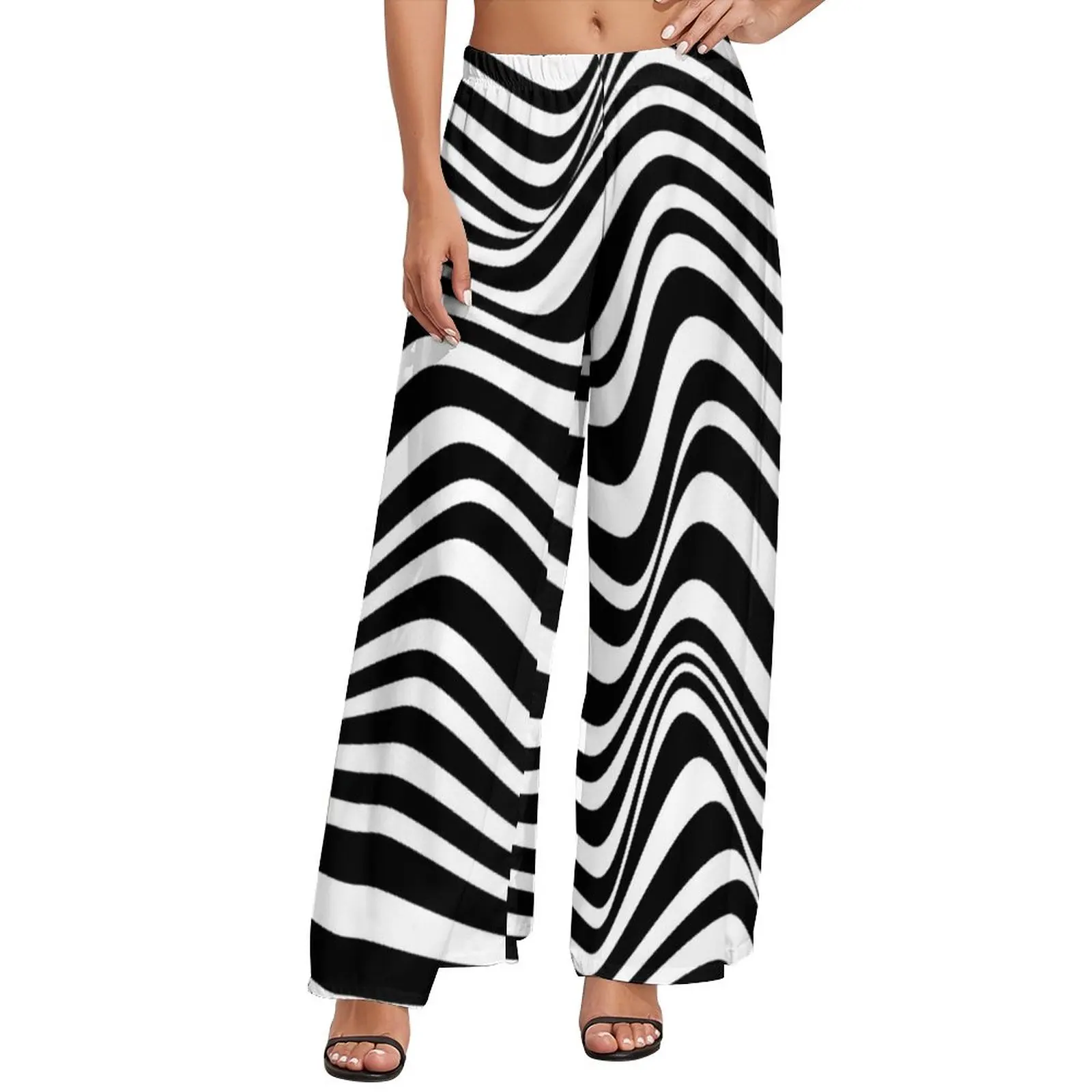 

Abstract Stripped Design Pants High Waisted Black White Stripes Office Wide Pants Oversized Streetwear Printed Straight Trousers