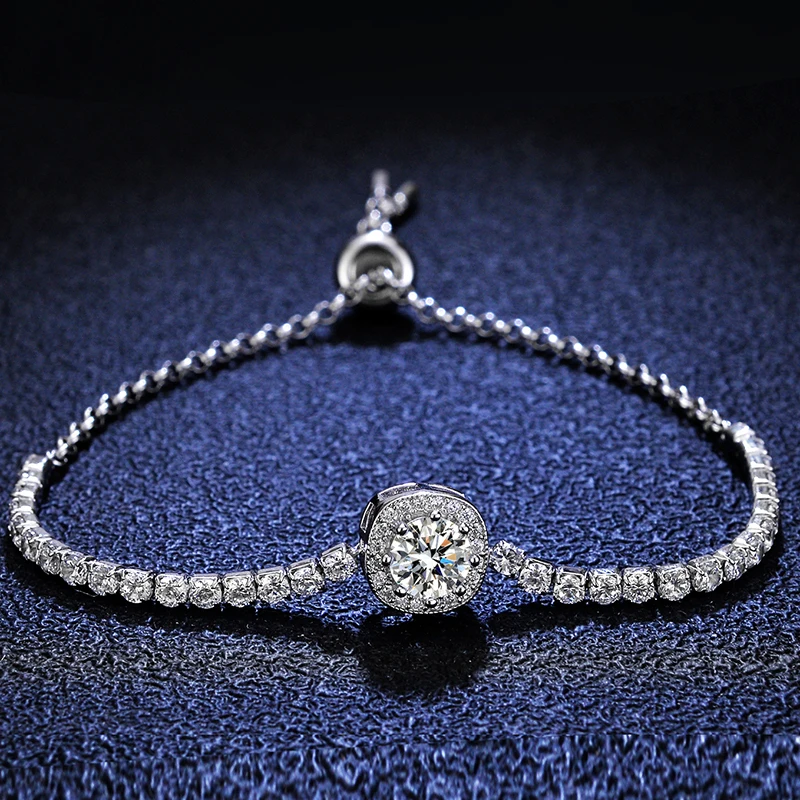 

S925 Silver Moissanite Chain Bracelet Women 1CT D Color Moissanite Diamond Adjustable Bracelet 14k White Gold Plated Pass Tester