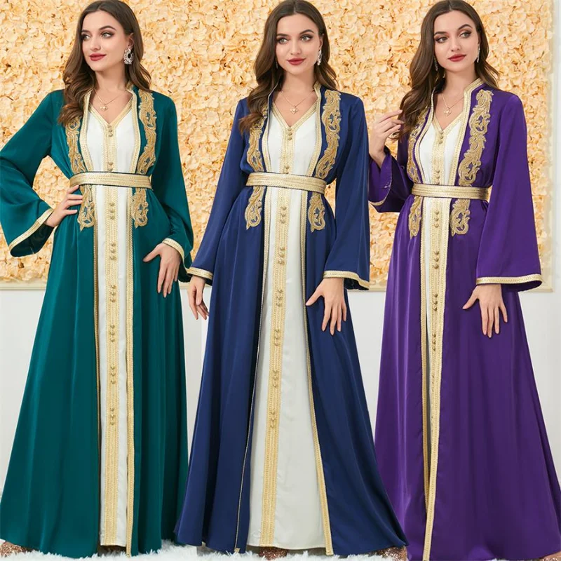Abaya Woman Dubai Luxury Floral Appliques Cardigan Gown And V-Neck Lace Tape Vest Dress Muslim Sets Belted Kaftan
