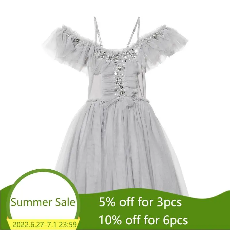 

2019 Summer Gray Dress for Girls Rhinestones Sequins Gauze Off Shoulder Princess Party Dress Children Clothing 2-6T E8605
