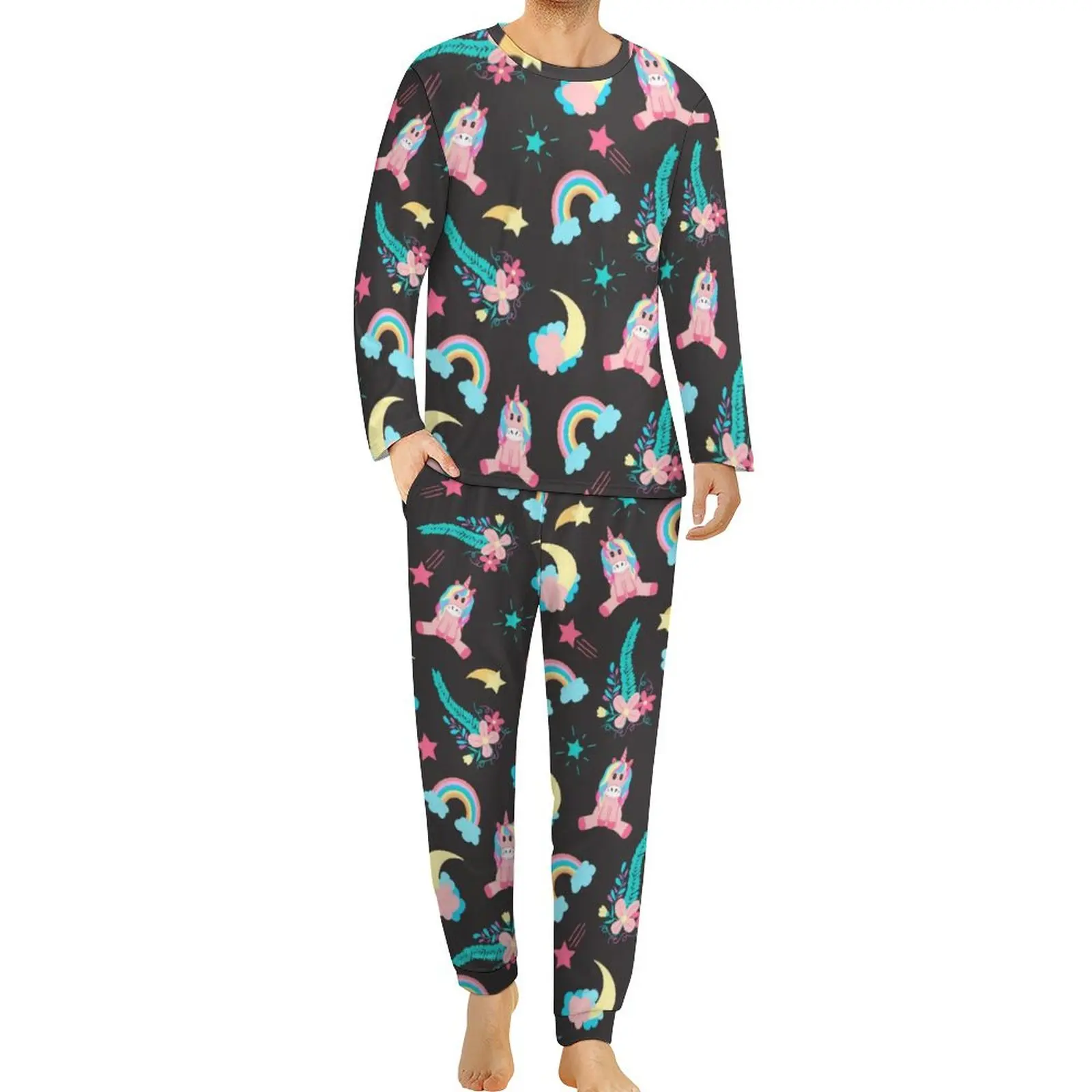 

Cute Pink Black Unicorn Pajamas Long Sleeves Rainbow Floral Stars 2 Pieces Casual Pajama Sets Graphic Lovely Oversized Sleepwear