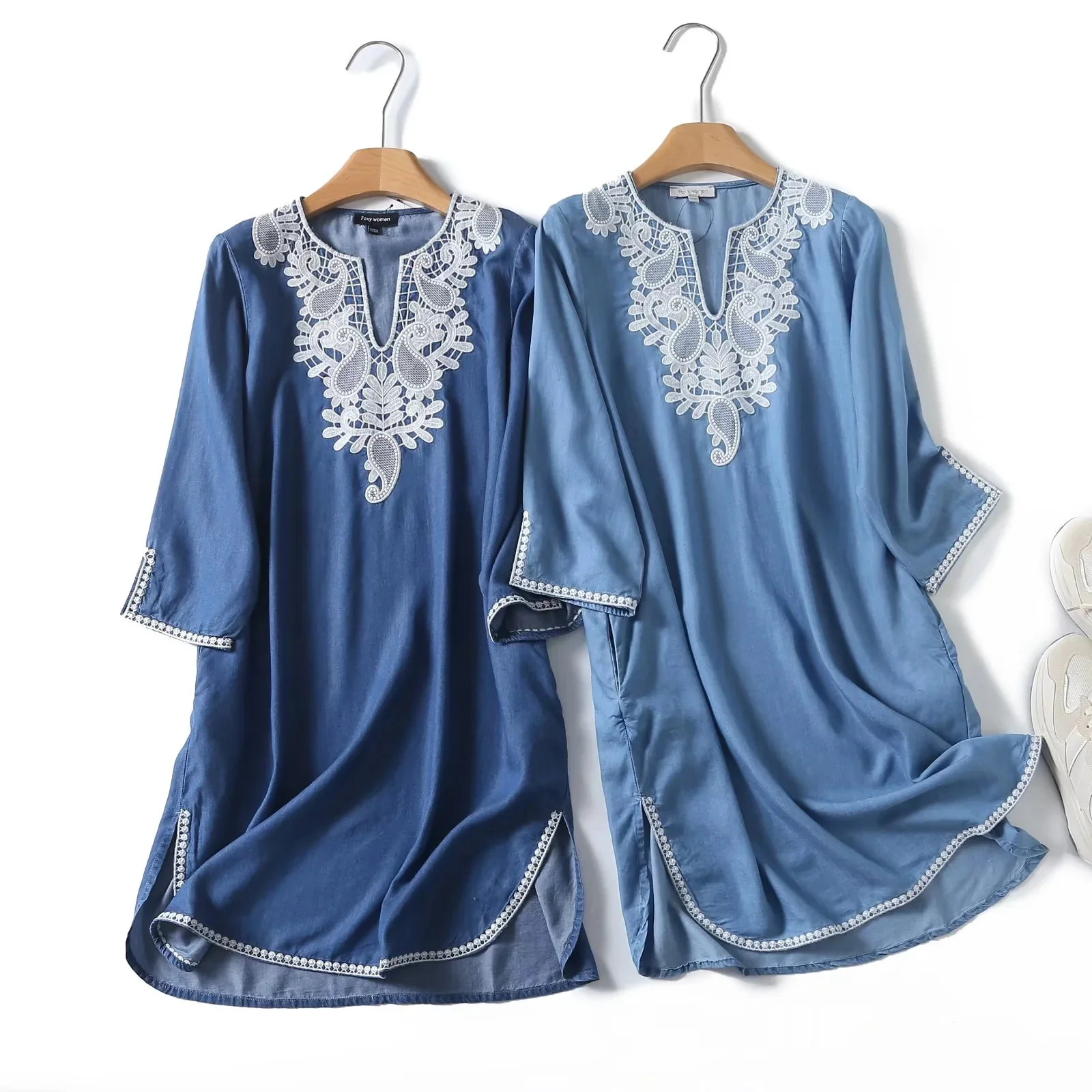 Женское джинсовое платье с v-образным вырезом элегантное винтажное вышивкой лето