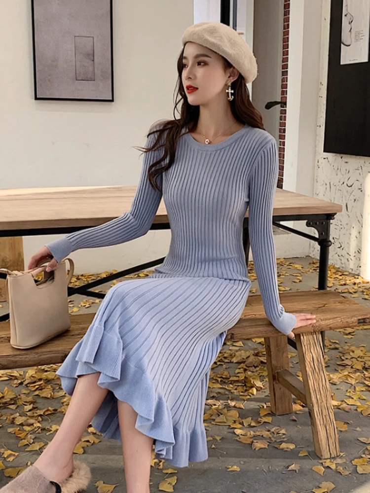 

Новинка осенне-зимнее трикотажное платье Korobov, Однотонная юбка-годе с круглым вырезом, свитер, корейские модные платья для женщин 2022