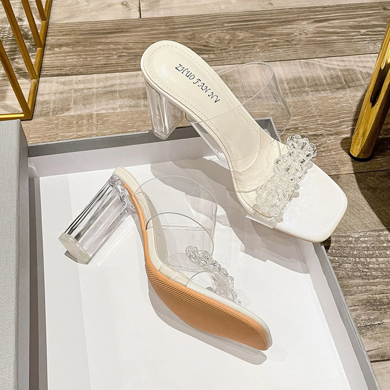 ZOOKERLIN PVC Transparent Crystal Rhinestone Buckle Women's Slippers Summer Square Toe Ladies Strange High Heels Sandals Shoes