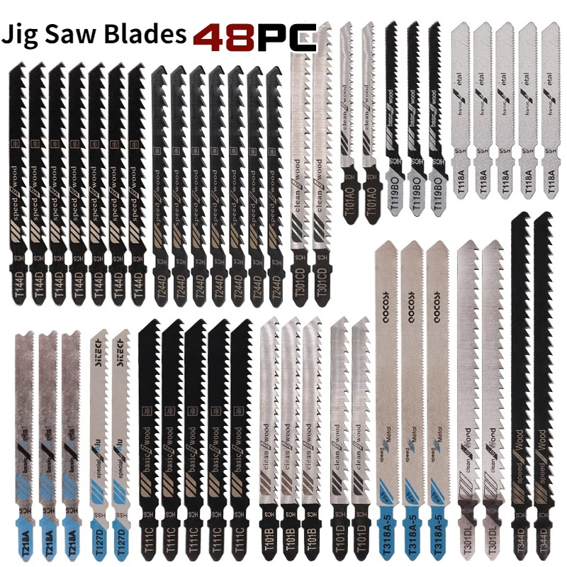 

48Pcs T-Shank Jig Saw Blades HSS Ground Teeth Straight Cutting Tools Metal Steel Wood Assorted Saw Blades Woodworking Tools