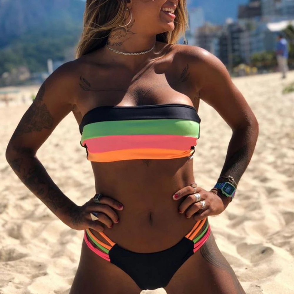 

Women's swimsuit 2022 new summer swimwear popular sexy split Ladies swiming suit backless rainbow bright striped bikini set