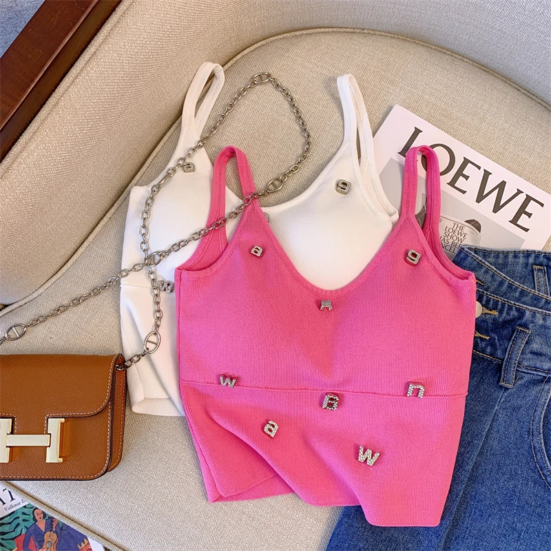 

Temperament Hot Girl Camisole 2023 New Spring Summer Pink Sleeveless Tank Top Letters Rhinestone Elegant Women Strap Camis