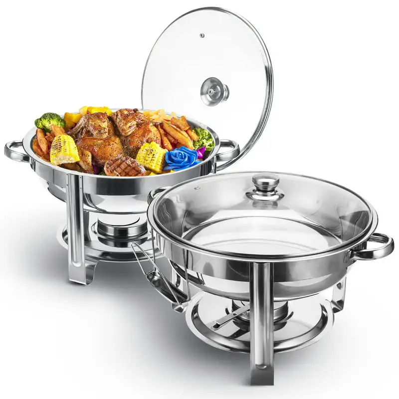 

Chafing Dish Buffet Set, 2 Pack 4-Quart Round Buffet Chafe Warmer Set, Stainless Steel Chafing Dish Buffet Food Warmer with Glas