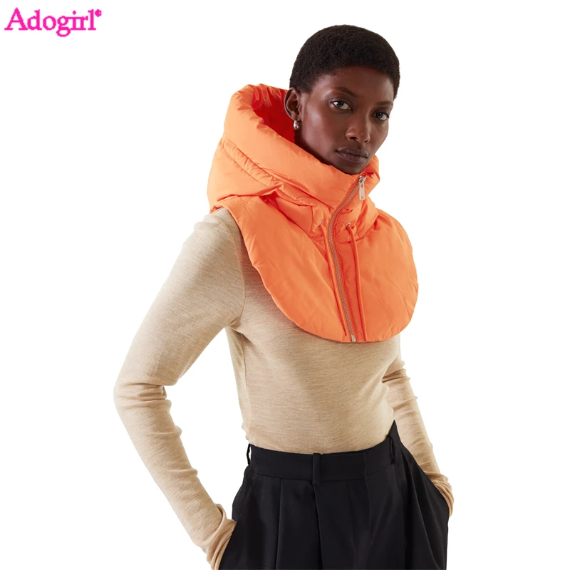 Adogirl Cotton Padded Hooded Mock Neck Vest Women Fashion Versatile Clothing Accessories Zipper Sleeveless Jackets Scarf