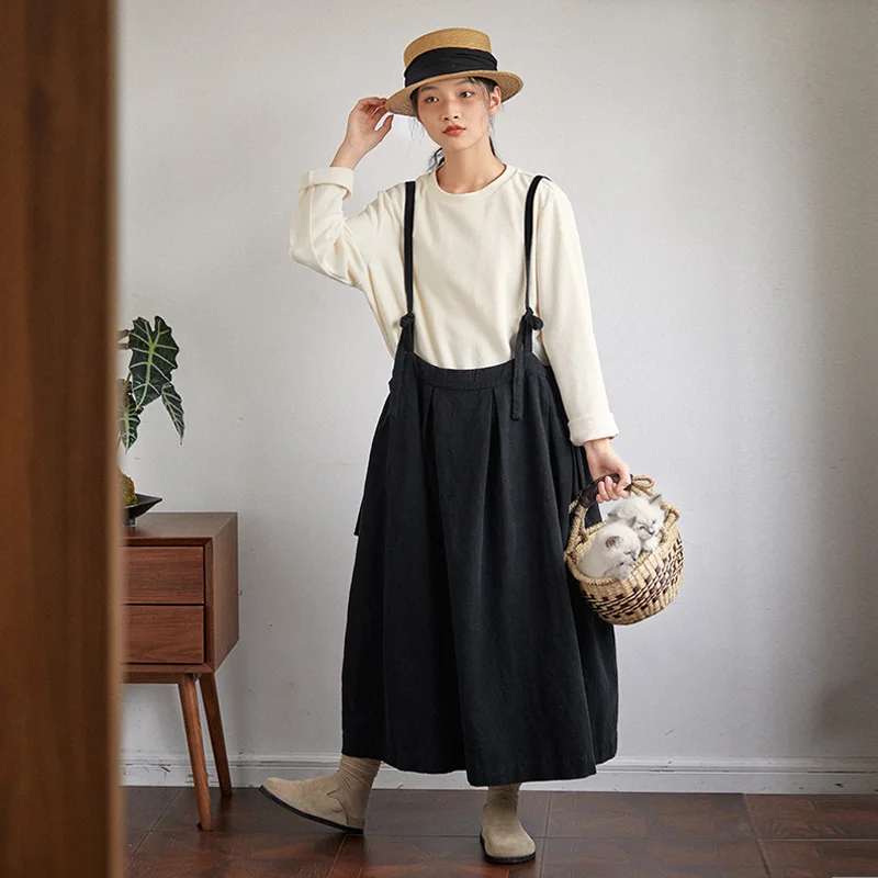 Японское льняное хлопковое черное платье для женщин новинка 2024 года без рукавов