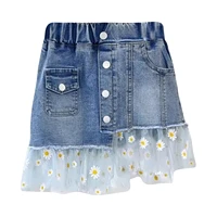 girls denim skirts summer clothing children flower embroidery mesh patchwork jean skirt baby kids cute short skirt 3 12 years