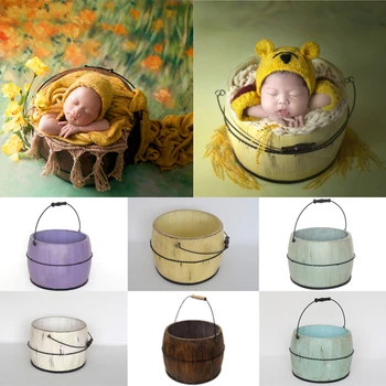 Dvotinst Newborn Baby Photography Props Wooden Round Hanging Bucket Vintage Rustic Wood Barrel Studio Shooting Photo Props