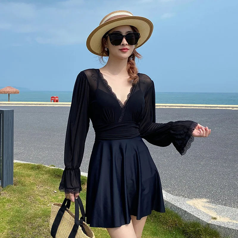 

Женский слитный купальник, выход из ванной, купальник для серфинга, пикантная пляжная одежда, черная пряжа, с широкими рукавами