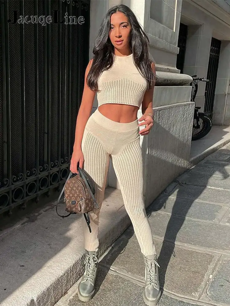 

Сексуальный прозрачный трикотажный спортивный костюм-двойка с майкой и брюками-карандаш, Женская Повседневная летняя Клубная одежда для в...