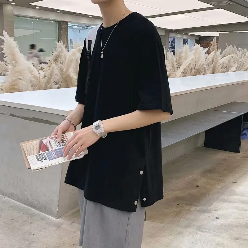 

Summer split breasted short sleeve T-shirt men's ins trend solid color simple loose half sleeve vibe wind five-point sleeve top