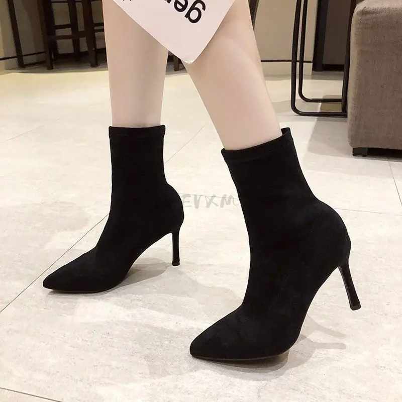 Socks Boots Women Stretch Fabric Elastic Stilettos Heel Sexy Pointed Toe Ankle Boots Slip-On Shoes Woman Thin Heels Party Boats