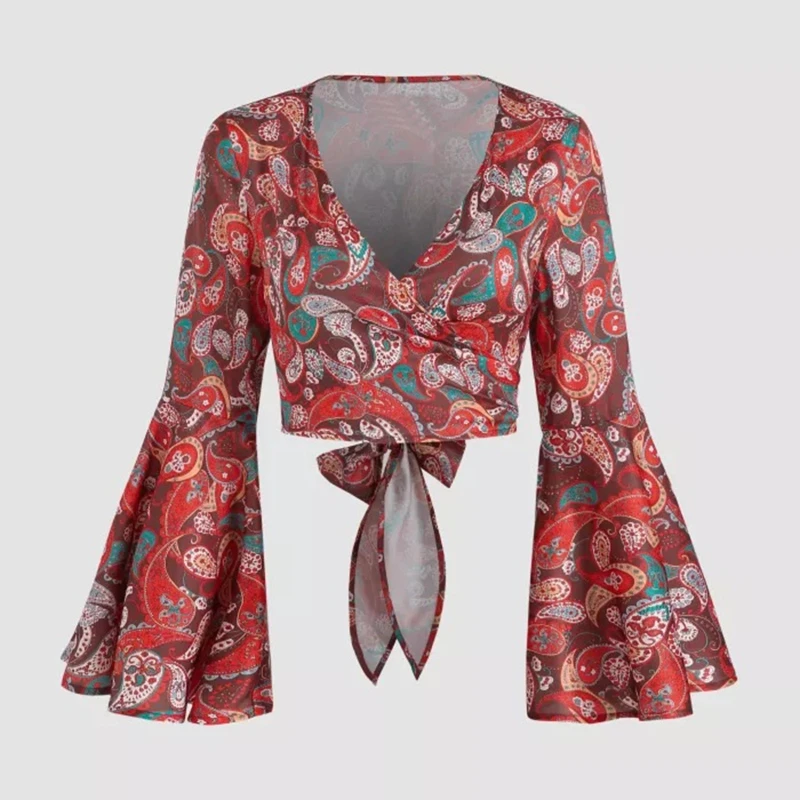 

573B Women Autumn Ruffles Long Sleeve Crop Top Wrap V-Neck Tie Bandage Floral Shirts