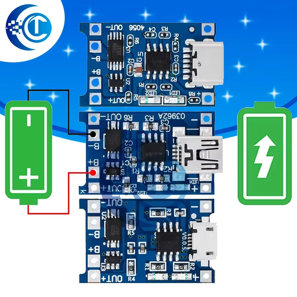 Фото Модуль зарядного устройства TP4056 5В 1А Micro USB Type-C для литиевых аккумуляторов 18650 с функциями зарядки и защиты №1