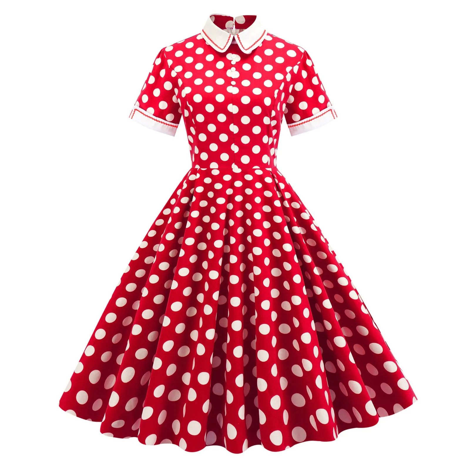 

Summer Rockabilly Dress Women Short Sleeve Stand Up Collar Polka Dots Vintage Dresses Elegant Ladies 1950s Swing Dresses Vestido