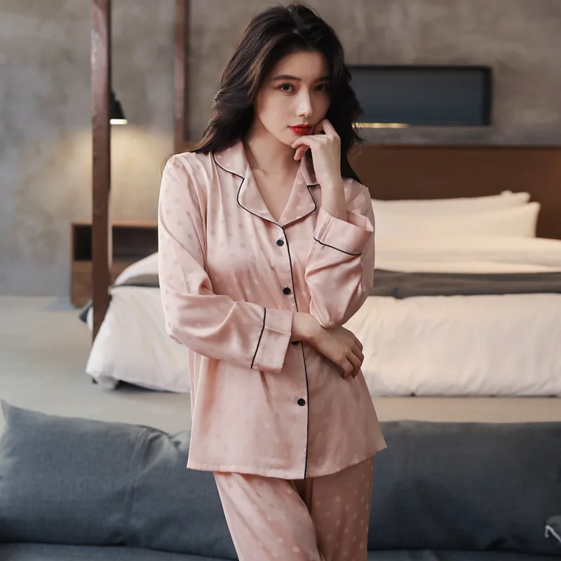 2023 New Pajamas Women's Spring and Autumn Summer Ice Silk Polka Dot Internet Celebrity Homewear Suit