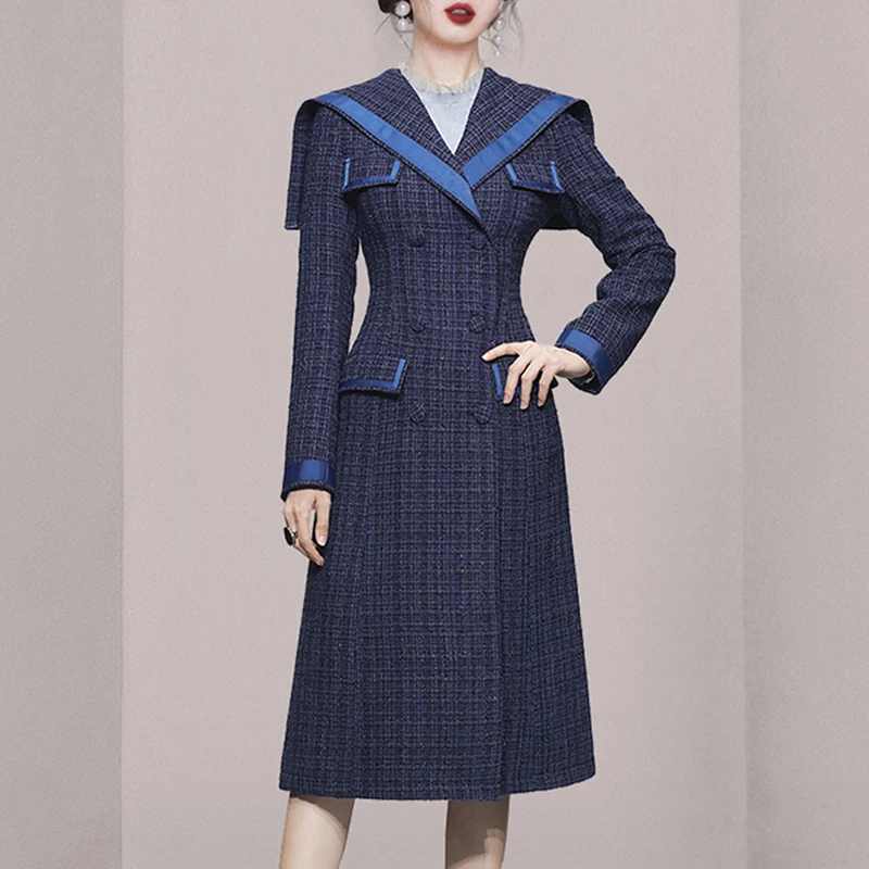 

Autumn Elegant Plaid Double Dreasted Woolen Coats Vintage Female Vintage Winter Outerwears Office Lady Small Fragrant Slim Coat