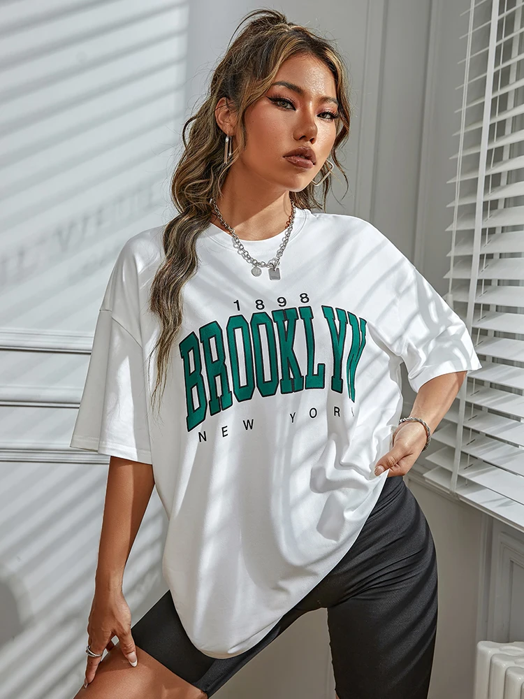 1898 Brooklyn New York Letter Drop Shoulder Priting Cotton Women T-Shirt Vintage Simple Clothes Female T Shirt High Quality