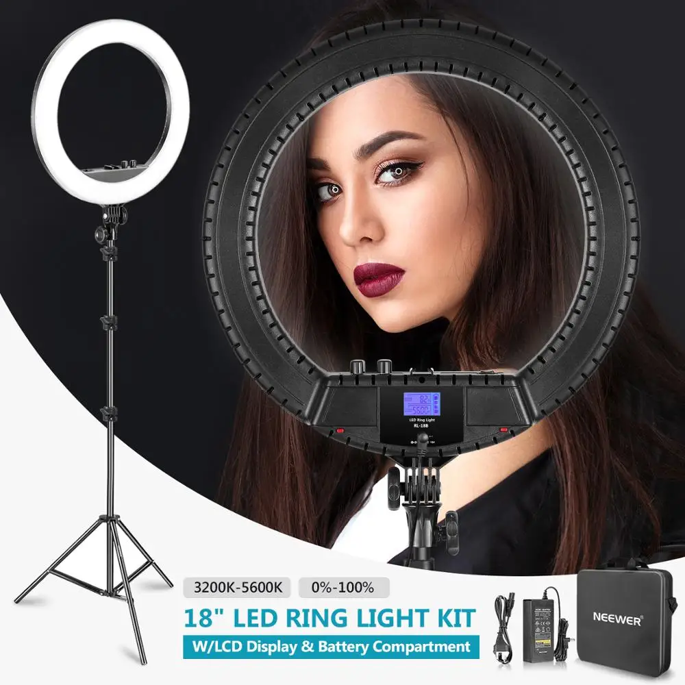 

Neewer 18-inch Bi-color LED Ring Light With LCD Display And Battery Holder, Max. 61.8inch Stand And Carry Bag