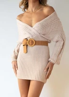 europe knitted dress for women 2022 autumn winter new v neck sexy twist mid length womens sweater wrap hip skirt bodycon dress