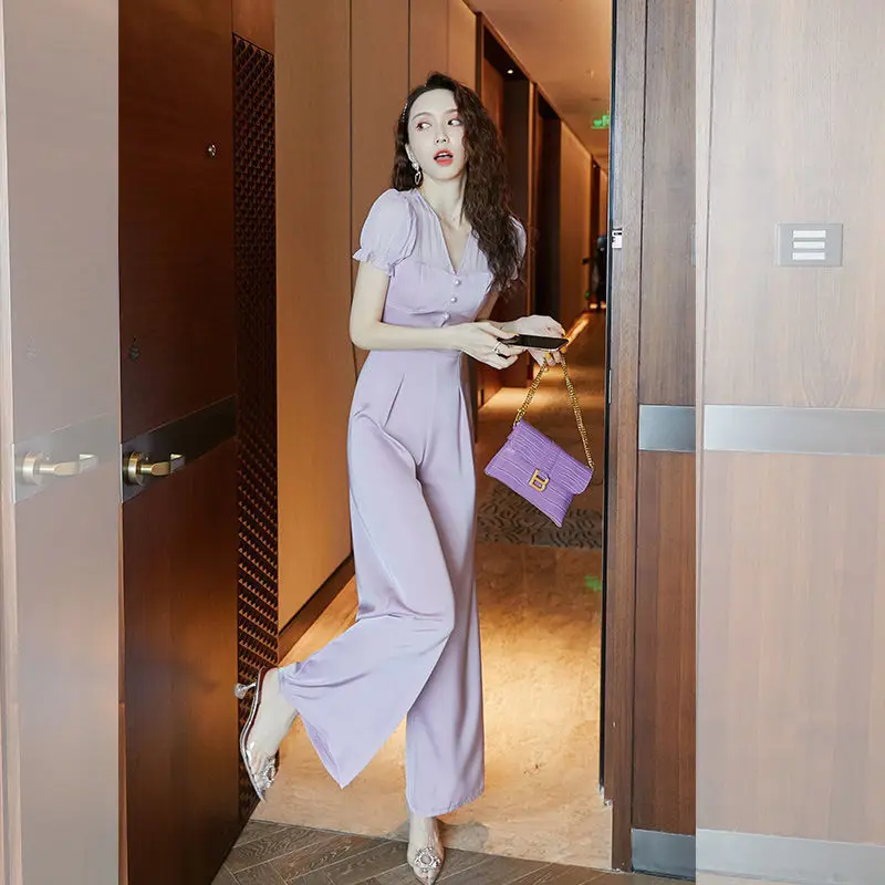 

Women 2022 Summer Vintage Solid Color Jumpsuit Female Fashion New V Neck Playsuit Elegant Office Lady Short Sleeve Bodysuit I44