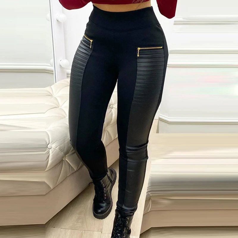 

Elegant High Waist Faux Leather Pants Women Pencil Skinny Pants Office Ladies Trousers Casual Slim Black Capris 2021