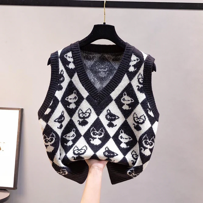 

Жаккардовый новый осенний Женский вязаный Топ, Свободное пальто, простая короткая ткань, модный жилет в Корейском стиле для девушек, свитер ...