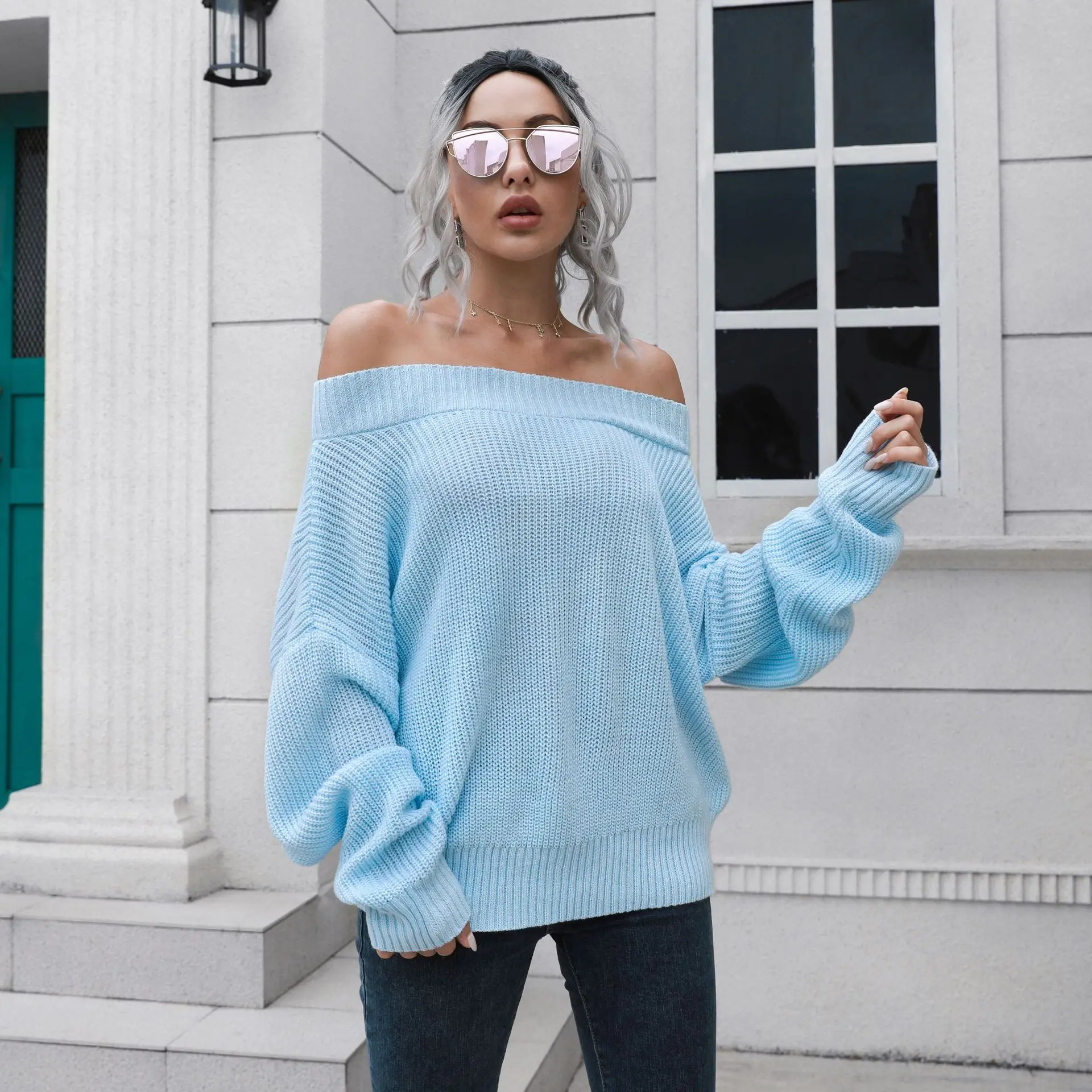 

Slash Collar Sweater Mujer 2022 Women Batwing Sleeve Off Shoulder Loose Autumn Sweater Knitwear Fahsion Knitted Pullover Tops