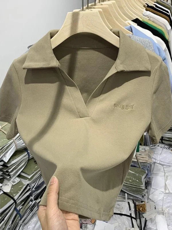 

100% Cotton Women's T-shirt Polo Collar Slim Embroidery White Top Harajuku Fashion Summer New 2023 Casual Women's Cotton T-shirt