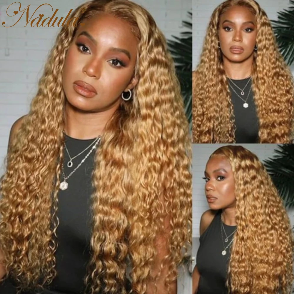 Nadula Hair Honey Blonde Water Wave Lace Front Human Hair Wig 13x4 Lace Frontal Wig Golden Brown Water Wave Hair Wig For Women