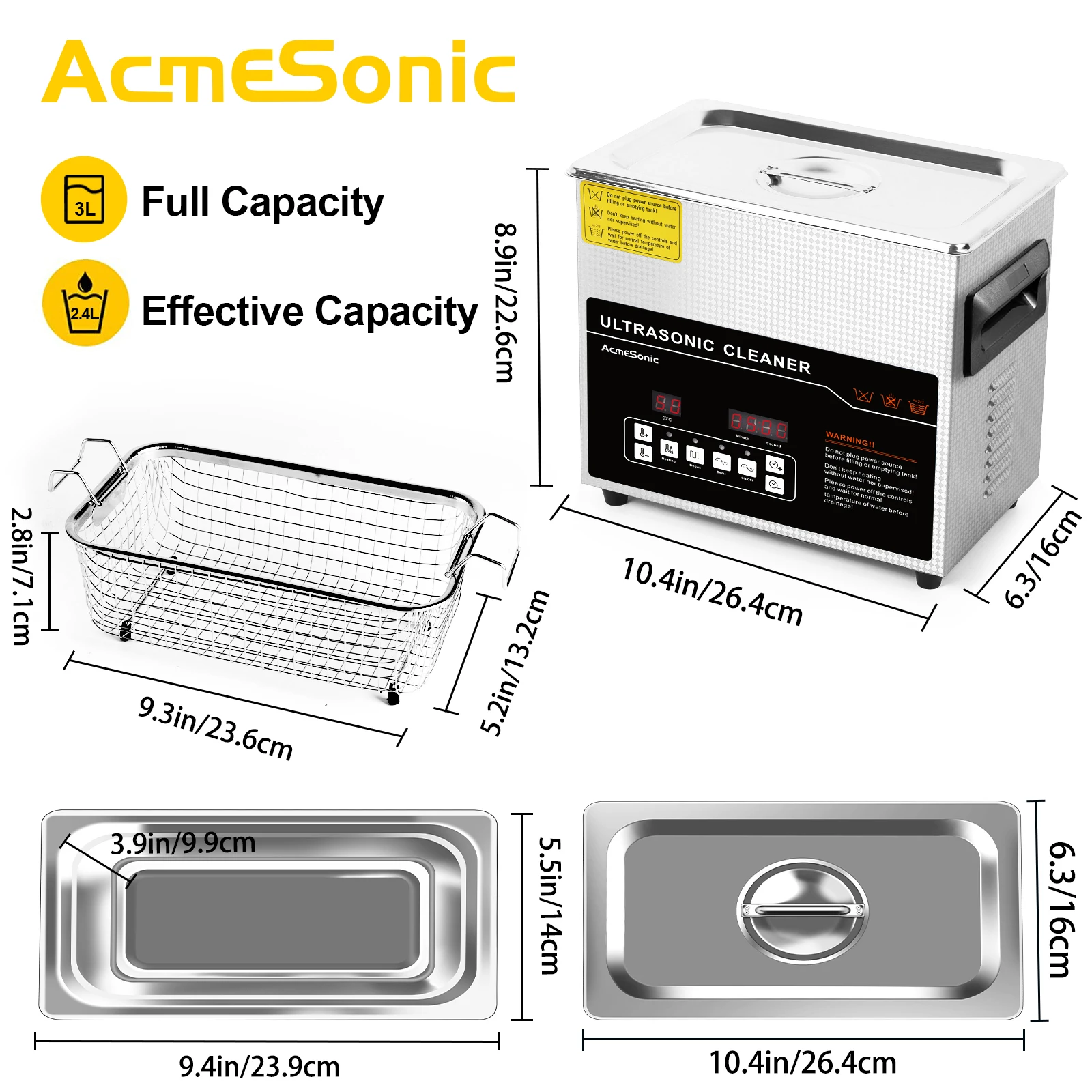 Фото ACMESONIC 3л 120 Вт 40 кГц ультразвуковой очиститель цифровой таймер обновленный дегазационный нежный режим для ювелирных изделий, очков, инструментов №4