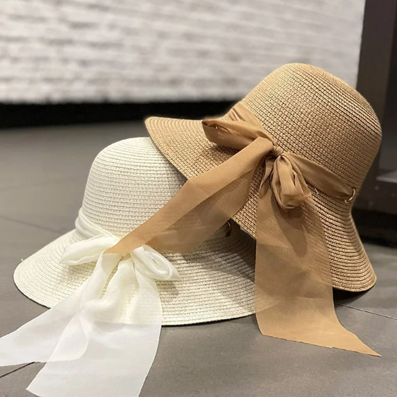 

Шляпа женская Соломенная с большим бантом, однотонная Панама с широкими боками и лентой от солнца, в винтажном стиле, с защитой от УФ-лучей, для отдыха и пляжа, лето 2021