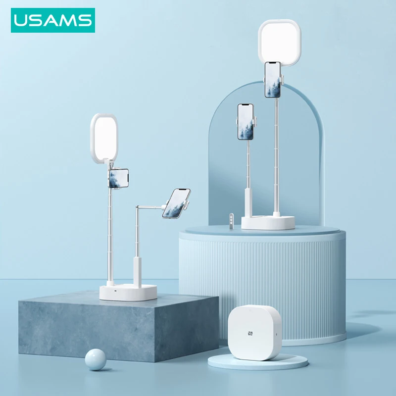 usams led ring fill light dual camara live broadcast phone holders retractable wireless control stand for youtube vlog video free global shipping