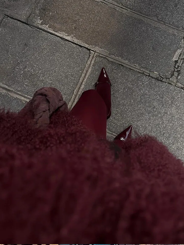 Женское модное винно-красное пушистое теплое пальто из искусственного меха