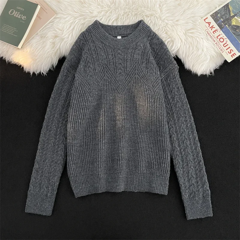 Мужской и женский простой пуловер с круглым вырезом свободный вязаный свитер