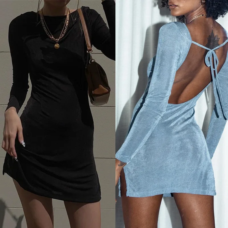 

SKMY 2022 Осенняя новая женская одежда сексуальное платье с открытой спиной на шнуровке с разрезом и длинным рукавом облегающее однотонное веч...