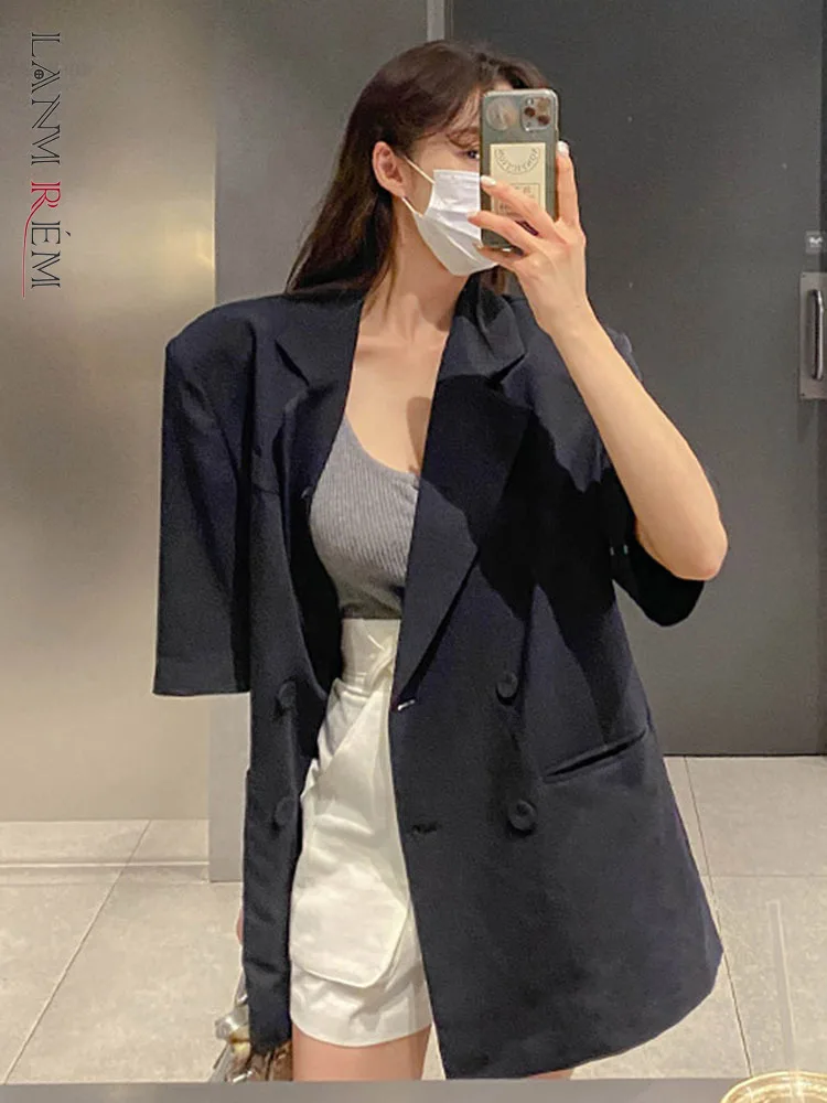 

LANMREM Navy Blue Blazer For Women Women Short Sleeves Notched Loose Coat Female Casual Clothing 2022 Summer New 2R3373