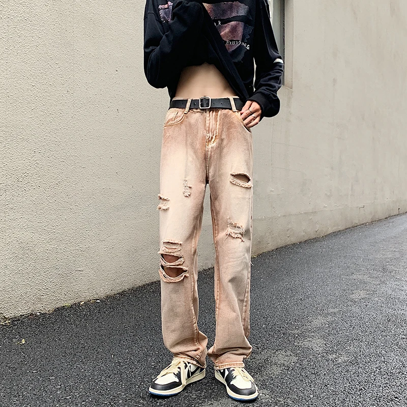 CAAYU 2022 New Baggy Jeans Mens Fashion Harajuku Loose Japanese Streetwear Straight Wide Leg Pants Male Clothing Brown Pants Men