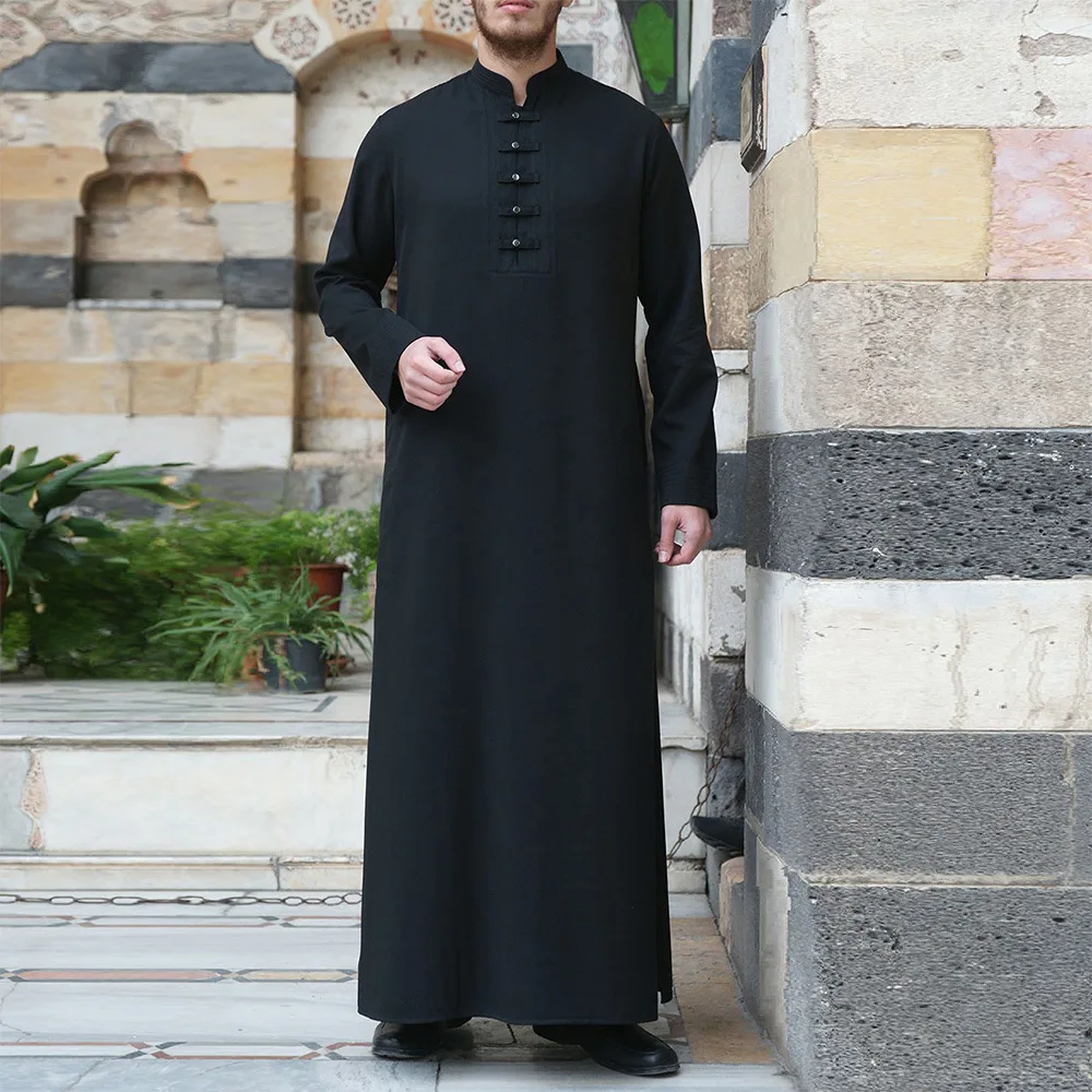 Black khaki Men Muslim Jubba Thobe Islamic Clothing Arab Middle Eastern Ramadan Party Festival Outfits Kaftan Casual  Robes