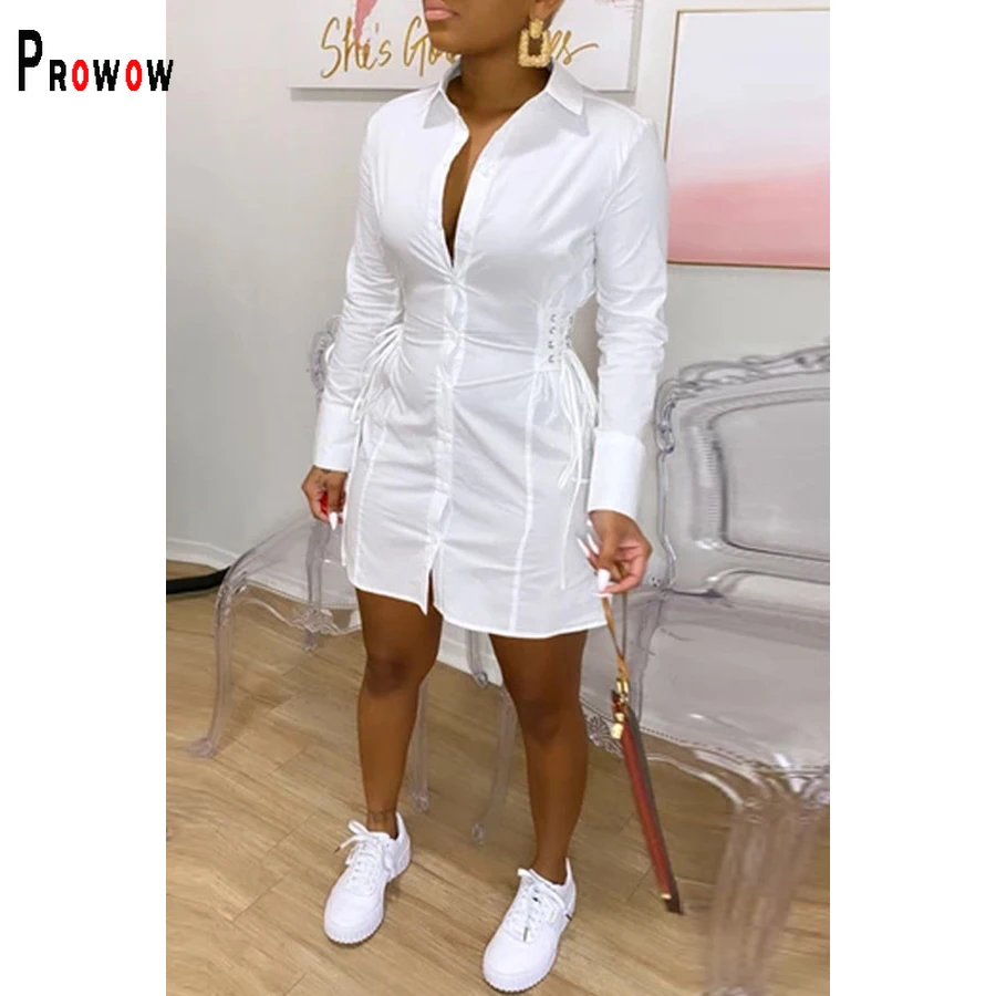

Prowow Women Dress Long Sleeve White Blouse Mini Dresses for Lady 2022 New Spirng Slim Criss-Cross Bandage Streetwear Clothes