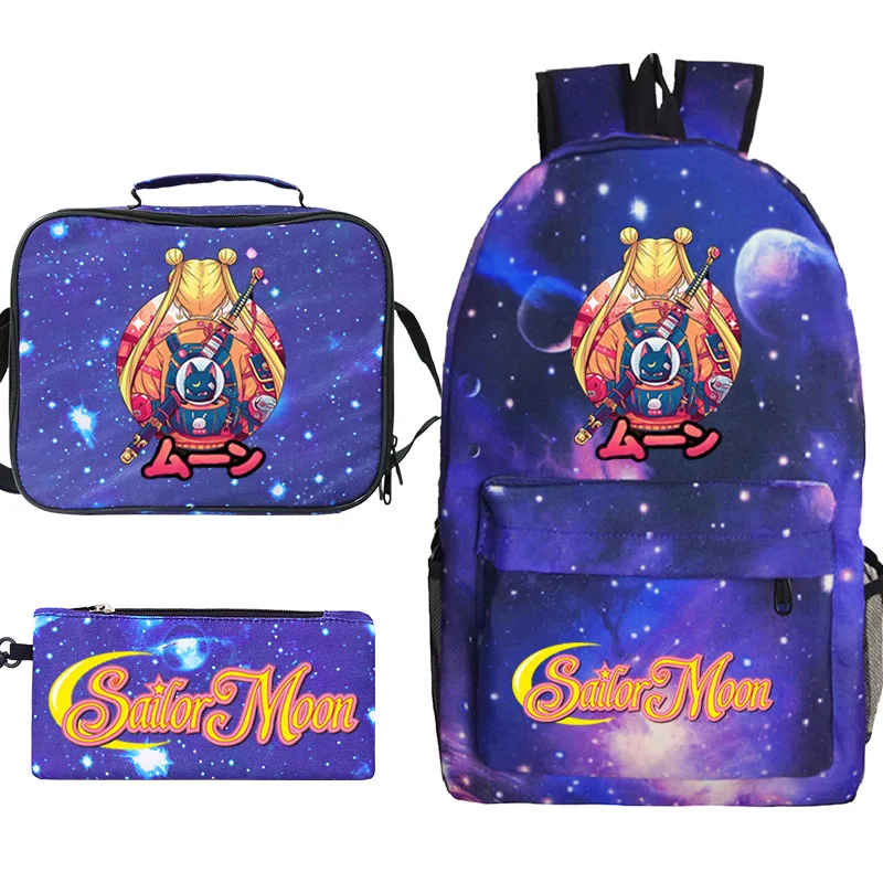 

Three-piece Sailor Moon Anime Print Backpack Casual Student Zipper School Bag Lunch Bag Pencil Bag Set Boys and Girls Backpac