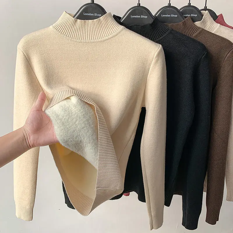 Warm Thicken Thermal Underwear Women Winter Plus Velvet Turtleneck Knitted Sweater Pullovers Basic Female Jumper Knitwear Tops