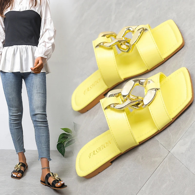 

Hot Sale Plus Size Flat Black Women Slippers New European and American Metal Chain Square Toe Flat Shoes Women Sandals Slippers