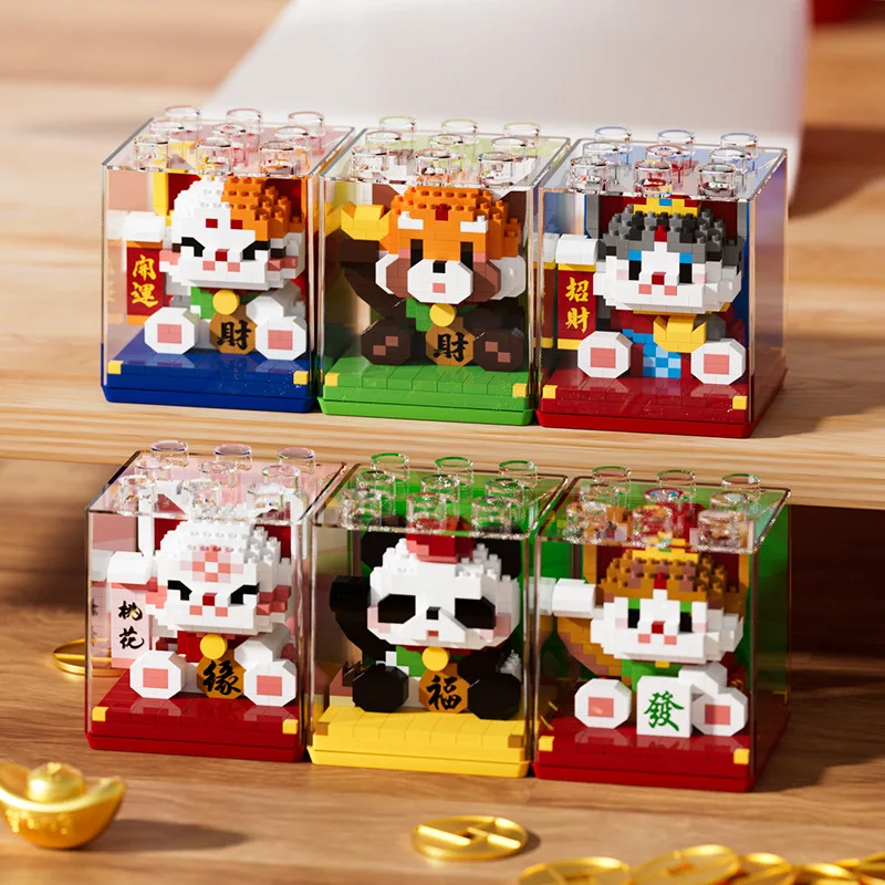 Фото Lucky Animal Micro Building Blocks Lesser Panda Cat Maneki Neko Собранная 3D модель Мини-кирпичная фигурка игрушки для детей Подарки №1