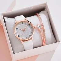 2pcs female new bracelet watch set cartoon fashion leather band crystal women ladies wristwatch watches relogio feminino reloj