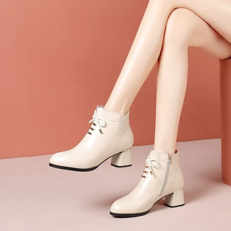 2022 OL Fashion Work Pumps For Women Office Shoes Modern Boots Autumn Bow Mid Heels Pointed-toe Female Short Boots Ankle Boots